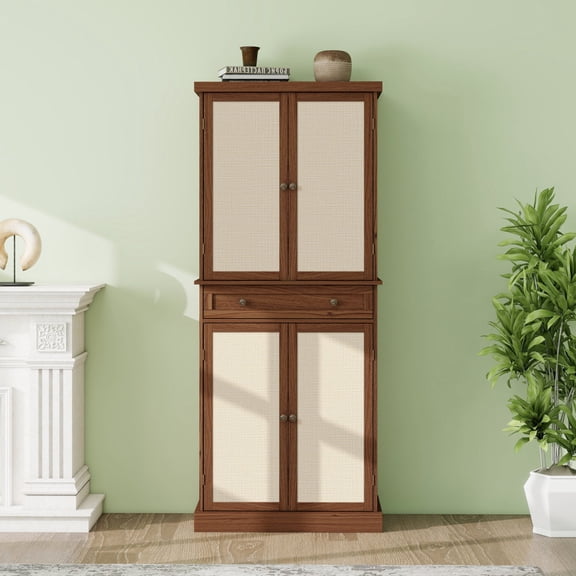 Modern Boho 4-Door Rattan Pantry Cabinet with 1 Drawer, 72" Freestanding Kitchen Storage Sideboard with 4 Adjustable Shelves and Anti-Tipping Safety