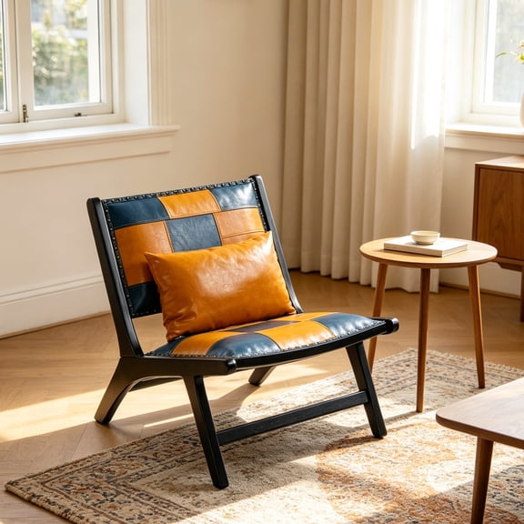 CTRYCLASIC Modern Boho Accent Chair, Solid Wood Frame Mid Century Lounge Side Chair, Faux Leather Upholstered Armless Chair with Waist Pillow for Living Room Bedroom Balcony
