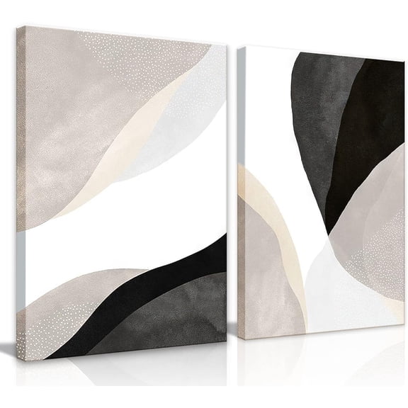 Modern Boho Canvas Wall Art Set of 2 - Minimalist Abstract Beige Black and White Neutral Textured Wall Art for Living Room, Dining Room, Office, Bathroom, Bedroom - Framed 12x16 in