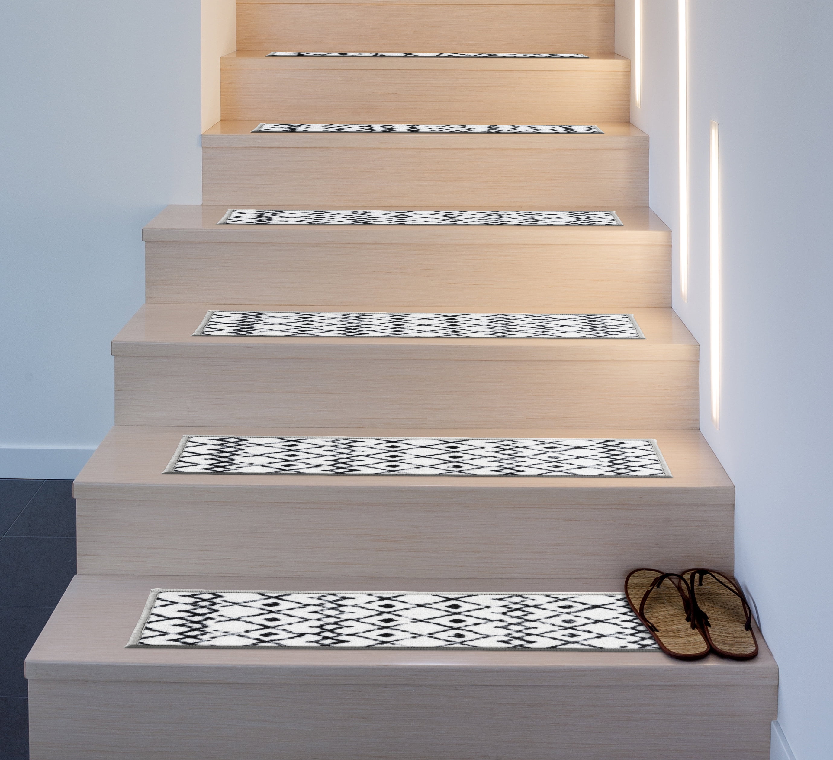 Cream and Black Geometric Nylon Non-Slip Stair Treads Set of 4