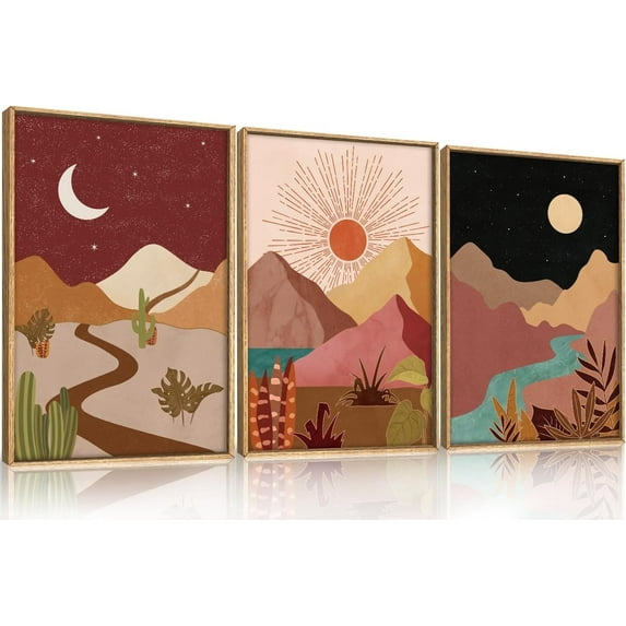 Modern Boho Framed Canvas Wall Art Set Colorful Moon and Sun Desert Art Painting Nature Southwest Landscapes Artwork,Rustic Mountain Wall Decor for Living Room,Bedroom,Office-16''x24''x3