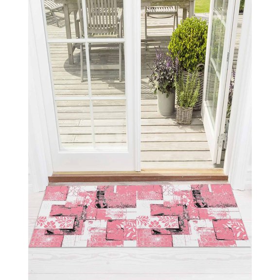 Modern Boho Front Door Mat Flower Geometric Texture Pink White Abstract Art Welcome Doormat Indoor Outdoor Entrance Floor Mat Non-Slip Washable Runner Rug for Front Porch Decor 18x60 Inch