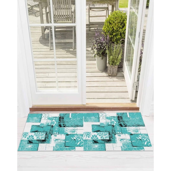 Modern Boho Front Door Mat Flower Geometric Texture Teal White Abstract Art Welcome Doormat Indoor Outdoor Entrance Floor Mat Non-Slip Washable Runner Rug for Front Porch Decor 16x47 Inch