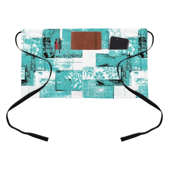 Modern Boho Half Waist Apron Flower Geometric Texture Teal White Abstract Art Short Waiter Aprons with 3 Pockets for Women Men Kitchen Restaurant Cooking