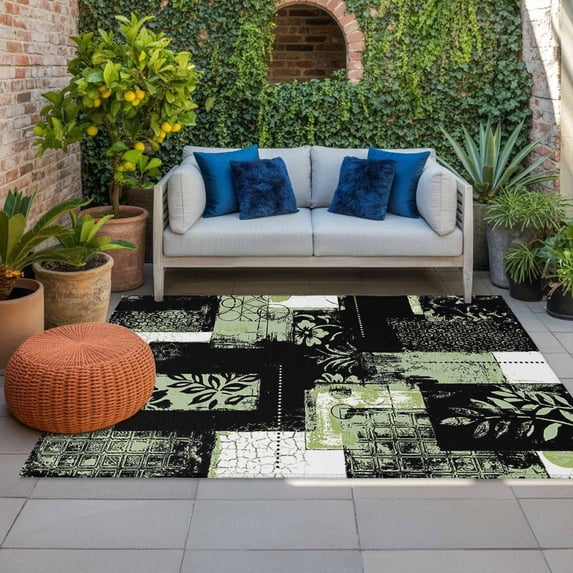Modern Boho Indoor Outdoor Rugs 3x5 Ft, Flowers Geometric Texture Green ...