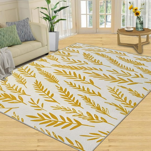 Modern Boho Leaf Area Rug Gold Botanical Pattern Bedroom Rug, White Background Living Room Rug, Indoor Non-Slip Rugs For Front Entrance Floor Decor 1x2ft