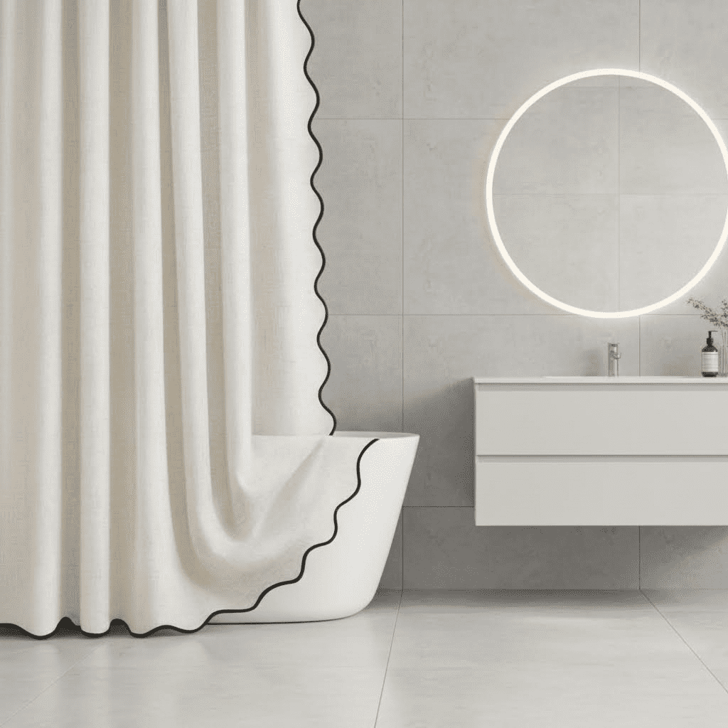 Modern Boho Linen Shower Curtain Set, Flax White with Black Scalloped ...