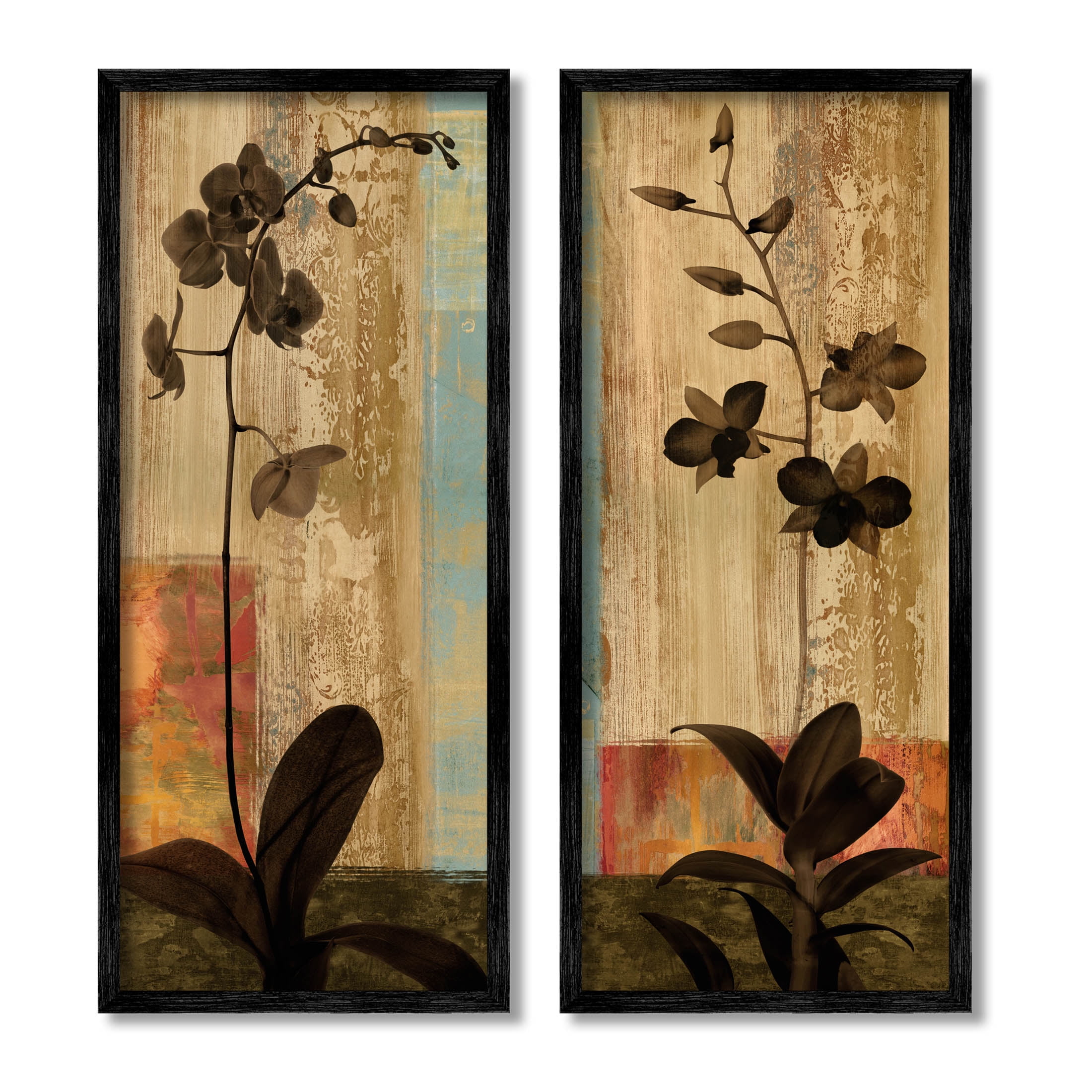 Modern Boho Orchid Blooming Botanical Canvas Art Set with Black Frame