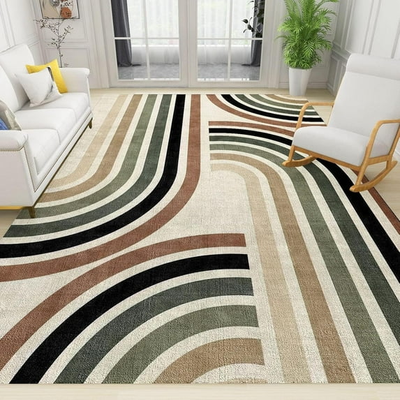 Modern Boho Rainbow Area Rug, Retro Mid Century Modern Colorful Lines Indoor Rugs, with Anti-Slip Backing Washable Indoor Carpet for Living Room Bedroom Study Dining Room-3x5ft
