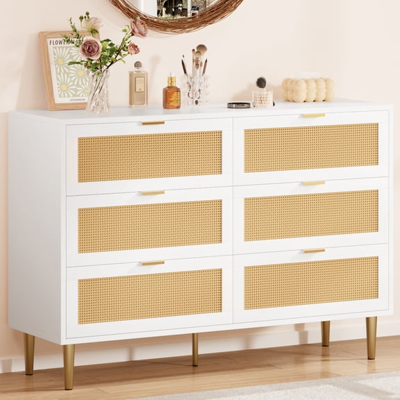 Modern Boho Rattan 6 Drawer Entryway Cabinet – Wide Double Drawer Storage, Gold Metal Legs & Handles, Large Tabletop Organizer, Anti-Tip Safety – Hallway Chest, Bedroom, Living Room, White