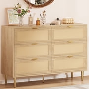 Modern Boho Rattan 6 Drawer Entryway Cabinet   Wide Wooden Double Dresser, Gold Metal Legs, Ample Storage Organizer, Anti-Tip Safety   Hallway, Bedroom, Living Room   Wood Color