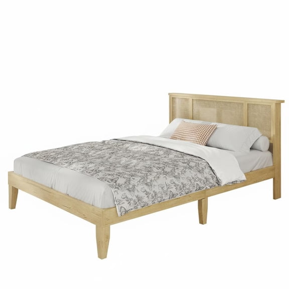 Modern Boho Rattan Bed Frame with Cane Headboard – Sturdy Metal & Wood, Mattress Support, 4 Storage Drawers, No Box Spring Needed – Full Size, Four Drawers