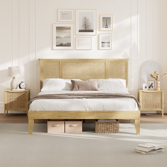 Modern Boho Rattan Bed Frame with Cane Headboard – Sturdy Metal & Wooden Platform, No Box Spring Needed, Bedroom Furniture – Queen Size, No Drawer
