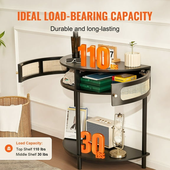 Modern Boho Rattan Console Table - Half-Moon Shape, 2 Drawers & Sliding Door, Black