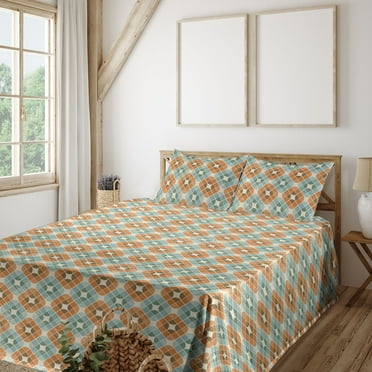 Modern Boho Sheet Set, Neutral Colors Geometric Flower Inspired Mid Century Modern Themed, Fitted & Flat Sheet with Pillowcase Bedding Accent 4 Pcs Set, King, Burnt Sienna Cadet Blue, by Ambesonne