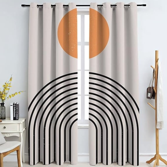 Modern Boho Sun Art Kids Window Curtains, Mid-Century Black Line Arch Geometry Blackout Shades, Durable Polyester Soundproof Grommet Curtains For Living Room Bedroom 26"W x 45"L (Pack of 2)