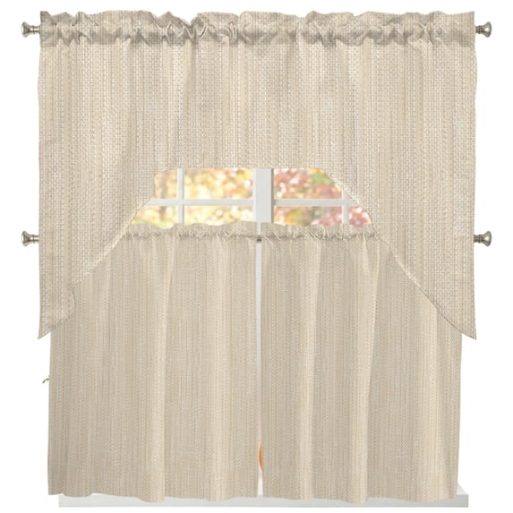 Modern Boho Swag Curtains for Living Room/Bedroom Windows, Solid Color Linen Texture Beige Kitchen Curtains and Valances Set 36 Inch Length, Light Filtering Swags Valance Curtain Panels