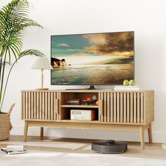 Modern Boho TV Stand for Living Room, Entertainment Center for TVs up to 50 Inch, Console Table with Fluted Door Cabinet and Open Storage Shelves, Natural Finish