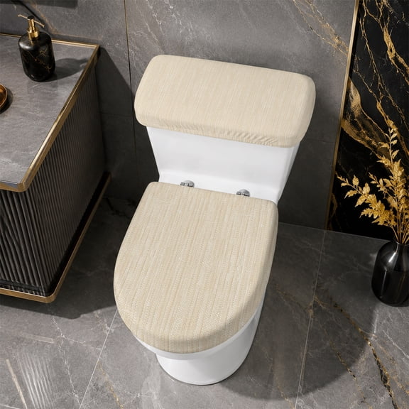 Modern Boho Toilet Seat Cover Universal Toilet Lid Covers for Bathroom Stretchable 2PCS Solid Color Linen Texture Beige Toilets Tank Cover Fit for Round Oval Elongated Toilets Decor Accessories