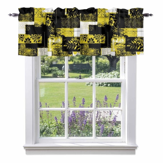 Modern Boho Valance Curtain Flower Geometric Texture Yellow Black Abstract Art Window Valances Rod Pocket Short Curtains Window Treatments for Kitchen Bedroom Bathroom Laundry 42" x 12"