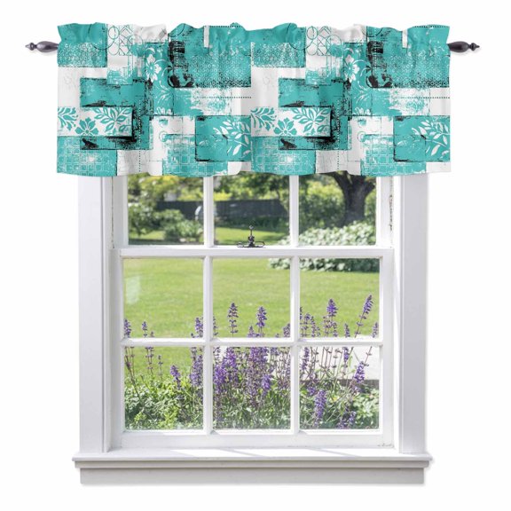 Modern Boho Valance Curtain for Windows Flower Geometric Texture Teal White Abstract Art Rod Pocket Curtain Valances Short Window Treatments Panels for Kitchen Bathroom Laundry Basement 42 x 18 Inch