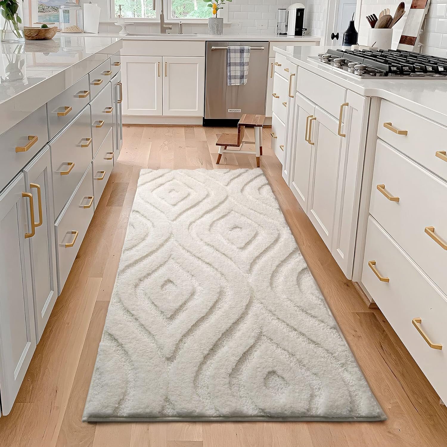 Modern Boho White Bathroom Runner Rug 24x72 Inches NonSlip