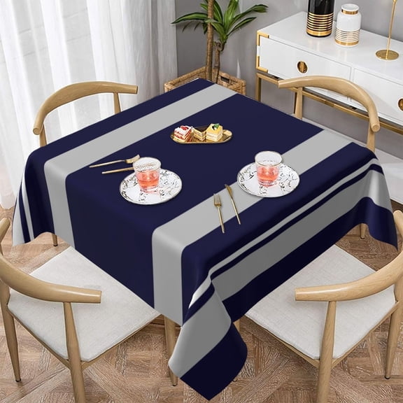 Modern Bold Navy Blue Gray Stripe Soft Tablecloth Square Dinng Table Covers for Kitchen & Table Linens 52" x 52"