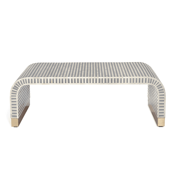 Modern Bone Inlay Coffee Table – Curved Waterfall Edge with Grey and White Stripe Pattern