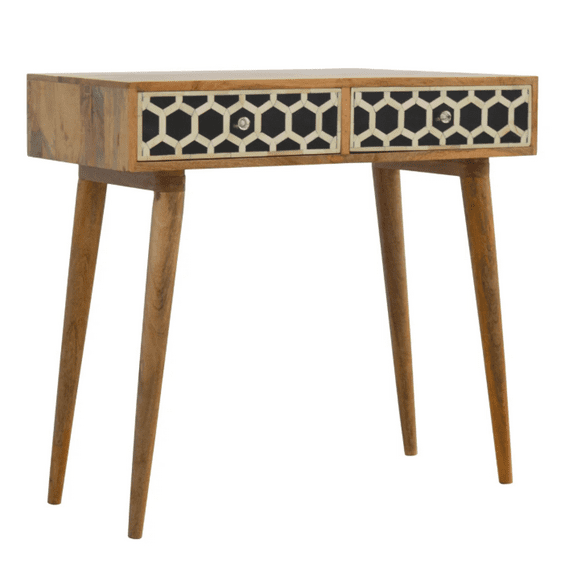 Modern Bone Inlay Console Table – Navy & White Striped Pattern with Brass Base | Handcrafted Entryway Accent Table