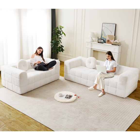 Modern Boneless Couch with Two Circular throw pillows,Skin-friendly lychee-textured long-pile polyester fabric,Checkered Fabric Design Foam Sofa