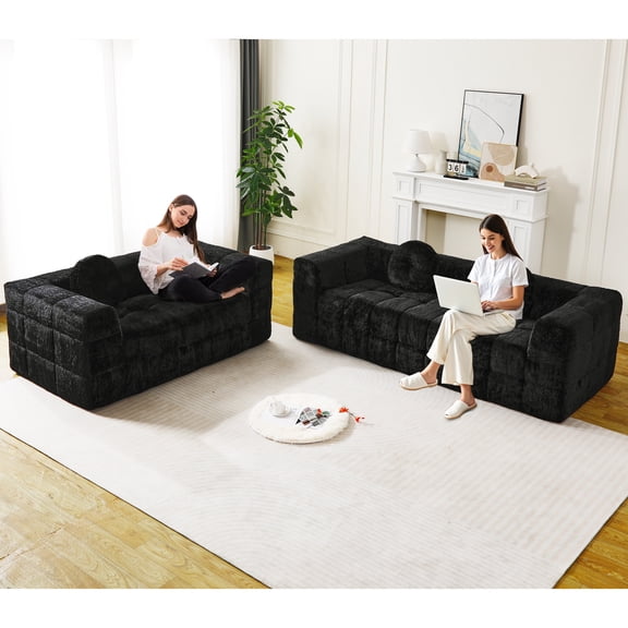 Modern Boneless Couch with Two Circular throw pillows,Skin-friendly lychee-textured long-pile polyester fabric,Checkered Fabric Design Foam Sofa