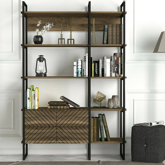 Modern Bookcase with 2 Doors and 5 Shelves, Wide Tall Book Display Shelves with Cabinet, Rustic Brown Furniture for Living Room, Bedroom, and Office, Standing Wooden Bookshelves with Metal Frame
