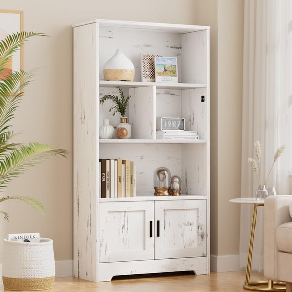 Modern Bookcase with Doors White Bookshelf with LED Lights 3 Shelf Standing Bookshelves Large Display Shelf Unique Book Shelf for Bedroom, Living Room, Home Office