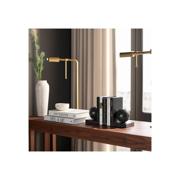 L-Shaped Book Ends with Marble Stone Sphere for Bookshelf Decor - Decorative Bookends for Shelves, Office or Study Desk Decor - Book Accessories for Home Library and Living Room - Set of 2, 6", Black