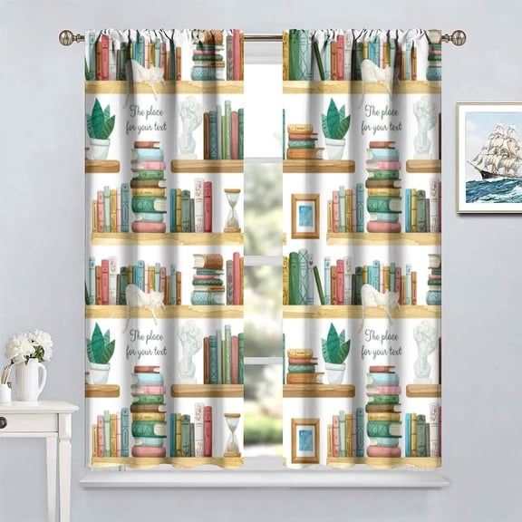 Modern Bookshelf Curtains, Boho Retro Library Bookshelf Hand Painted Cartoon Comic Style Cat Print Window Treatments Drapes for Bedroom Living Room Kitchen,2-Panel Set & Rod Pocket42x39in