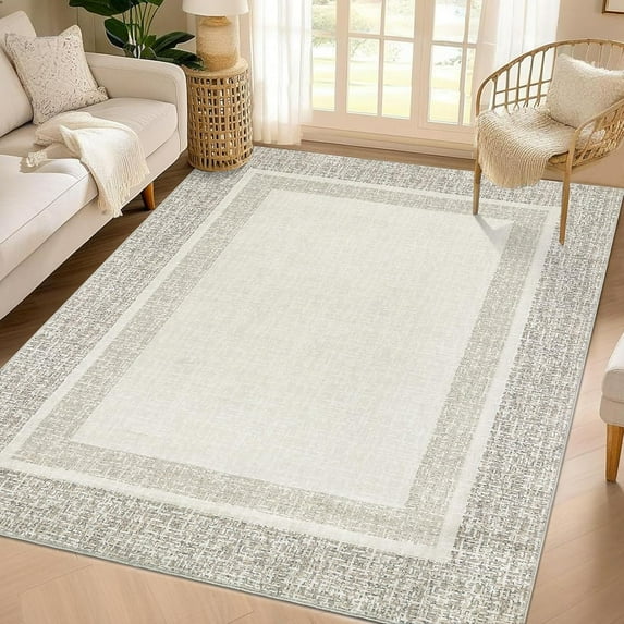 Modern Bordered 5x7 Area Rugs, Washable Rugs for Living Room, Non Slip Low Pile Accent Rug, Non Shedding Indoor Throw Carpet for Bedroom Dining Room Office, Beige