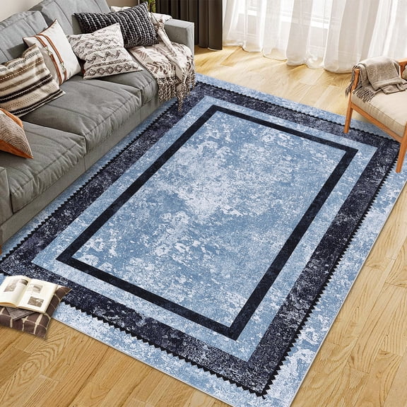 Modern Bordered 5x7 Washable Area Rugs for Living Room Non Slip Bedroom Rug Non-Shedding Floor Carpet Accent Rug for Dining Room Blue