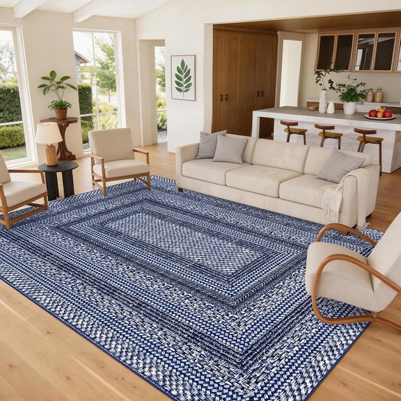Modern Bordered 8x10 Area Rugs for Living Room, Washable Non Slip Geometric Bedroom Rugs, Soft Low Pile Ultra Thin Large Throw Carpet for Dining Room Office, Minimalist Home Decor Rug, Blue