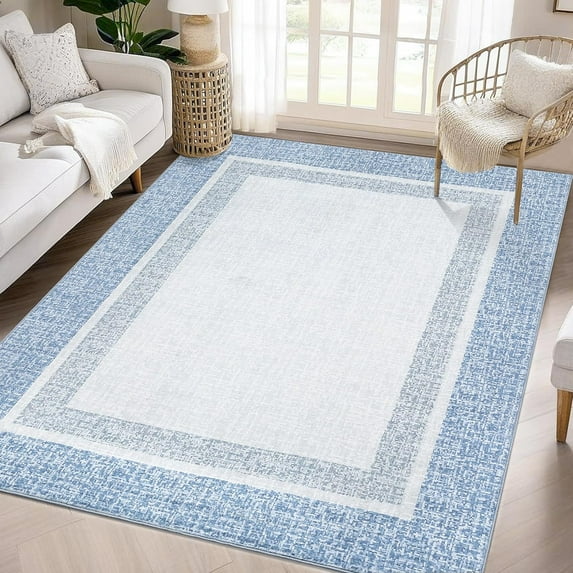 Modern Bordered Area Rug, 10x13, Non Slip, Low Pile, Stain Resistant, Blue