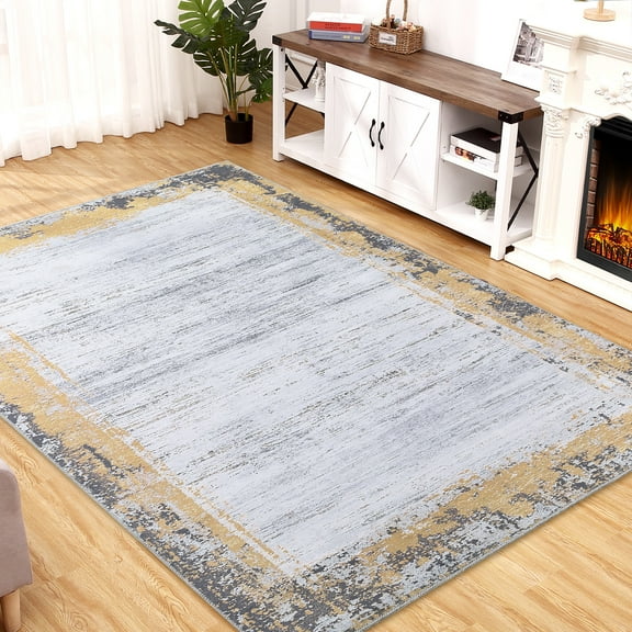 Modern Bordered Area Rug, Machine Washable, Non-Slip, Non-Shedding Soft Velvet Foldable Accent Carpet for Living Room, Bedroom, and Dining Room