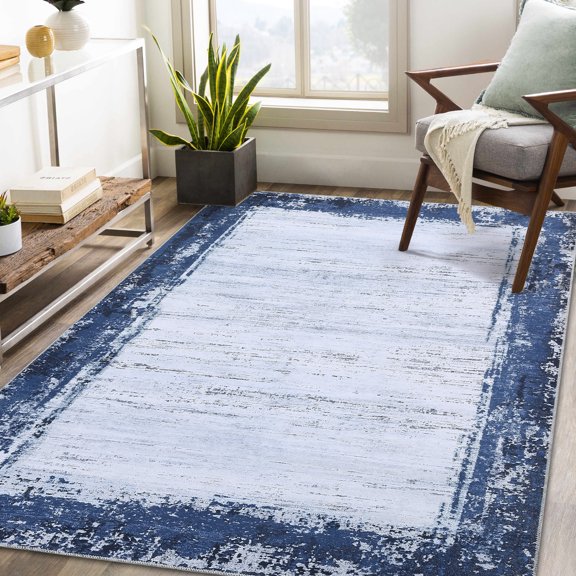Modern Bordered Area Rug, Machine Washable, Non-Slip, Non-Shedding Soft Velvet Foldable Accent Carpet for Living Room, Bedroom, and Dining Room