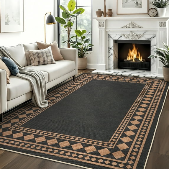 Modern Bordered Area Rug, Stain Resistant, Machine Washable, Low Pile Indoor Throw Mat for Nursery and Bedroom