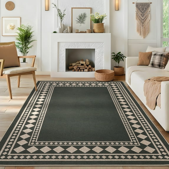 Modern Bordered Area Rug, Stain Resistant, Machine Washable, Low Pile Indoor Throw Mat for Nursery and Bedroom