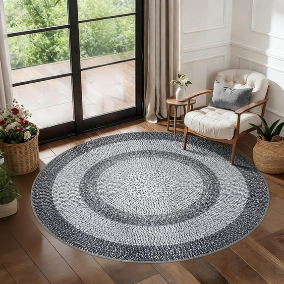 Modern Bordered Round Area Rug 4ft Washable Bedroom Circle Rugs Non Slip Stain Resistant Dining Room Round Throw Carpet Contemporary Circle Mats for Living Room Kitchen Nursery, Grey