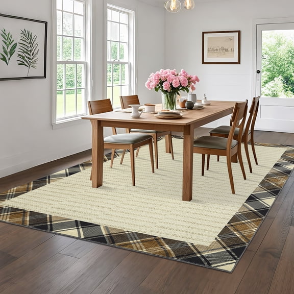 Modern Bordered Washable Rug - Foldable Low Pile Area Rug with Non-Slip TPR Backing, Stain Resistant Ultra Soft Carpet for Living Room, Bedroom, Dining Room