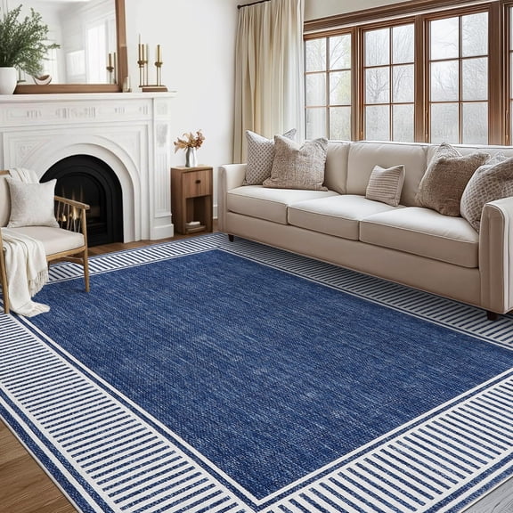 Modern Bordered Washable Rug for Living Room, Various Sizes Non-Slip Area Carpet with Neutral Border Design, Stain Resistant & Ultra Soft Low Pile Floor Cover for Bedroom, Apartment