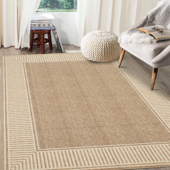 Modern Bordered Washable Rug for Living Room, Various Sizes Non-Slip Area Carpet with Neutral Border Design, Stain Resistant & Ultra Soft Low Pile Floor Cover for Bedroom, Apartment