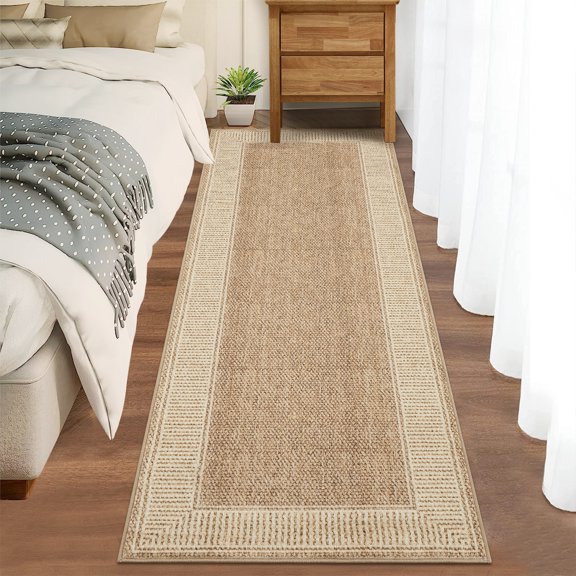 Modern Bordered Washable Rug for Living Room, Various Sizes Non-Slip Area Carpet with Neutral Border Design, Stain Resistant & Ultra Soft Low Pile Floor Cover for Bedroom, Apartment