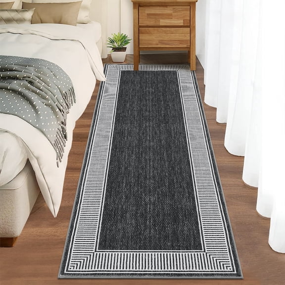 Modern Bordered Washable Rug for Living Room, Various Sizes Non-Slip Area Carpet with Neutral Border Design, Stain Resistant & Ultra Soft Low Pile Floor Cover for Bedroom, Apartment