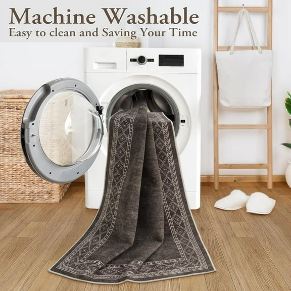 Modern Bordered Washable Runner Rug for Hallways, 2.5' x 8' Brown - Ultra-Thin Non-Slip Carpet for Bedroom, Entryway, Bathroom & Laundry